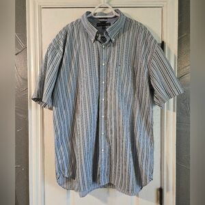 Vintage 2005 Tommy Hilfiger Short Sleeve 80s 2-Ply Cotton Blue Striped Shirt XXL